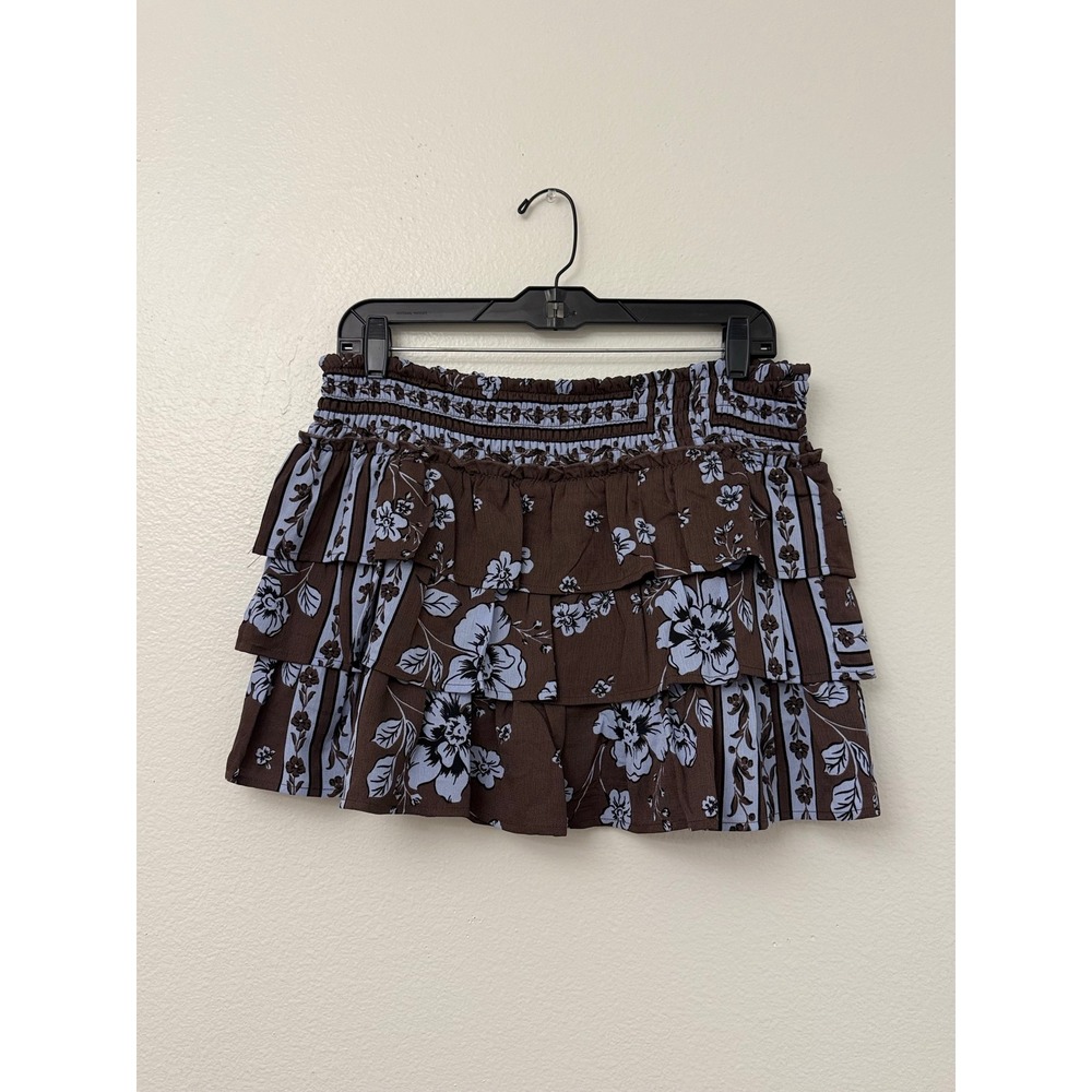 GB Brown Floral Smocked Ruffle Tiered Skort Mini Skirt Blue Print - Large - NWT
